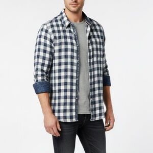 SUN&STONE Gingham Plaid Blue Chambray Denim Look Button Down Flannel Shirt XL